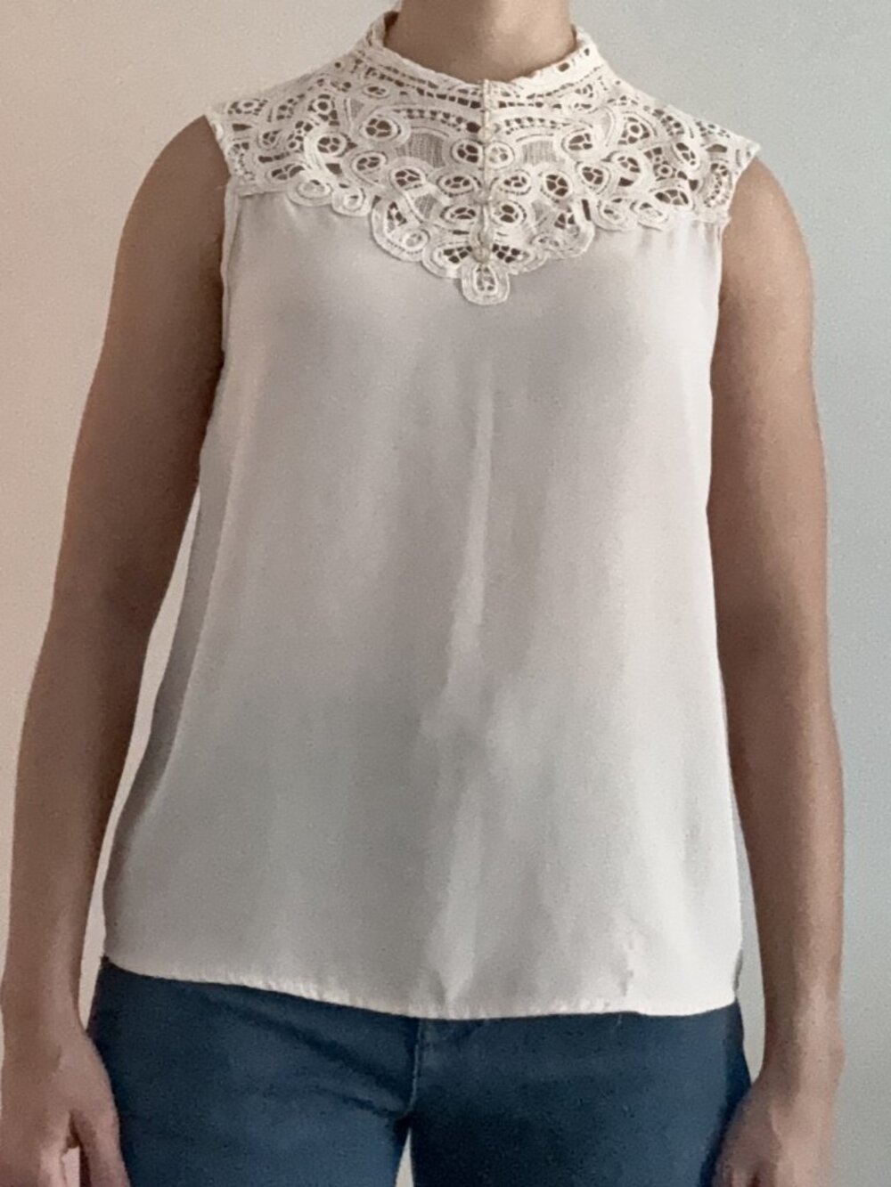 Elegant Blush Pink Sleeveless High-Neck Lace Yoke Blouse